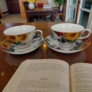 Grace’s Teaware Tea Cup Saucer Set Sunflower Blackberry China Set of 2